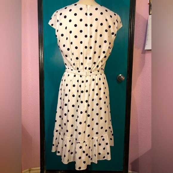 J.Crew White+Black Polka Dot Short Sleeve Faux Wrap Midi Dress - Picture 5 of 16